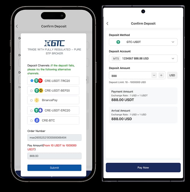 GTCFX mobile app deposit and wallet screens on two phones